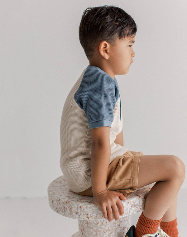 Noble Organic Waffle Henley Tee in Oat and Blue Moon