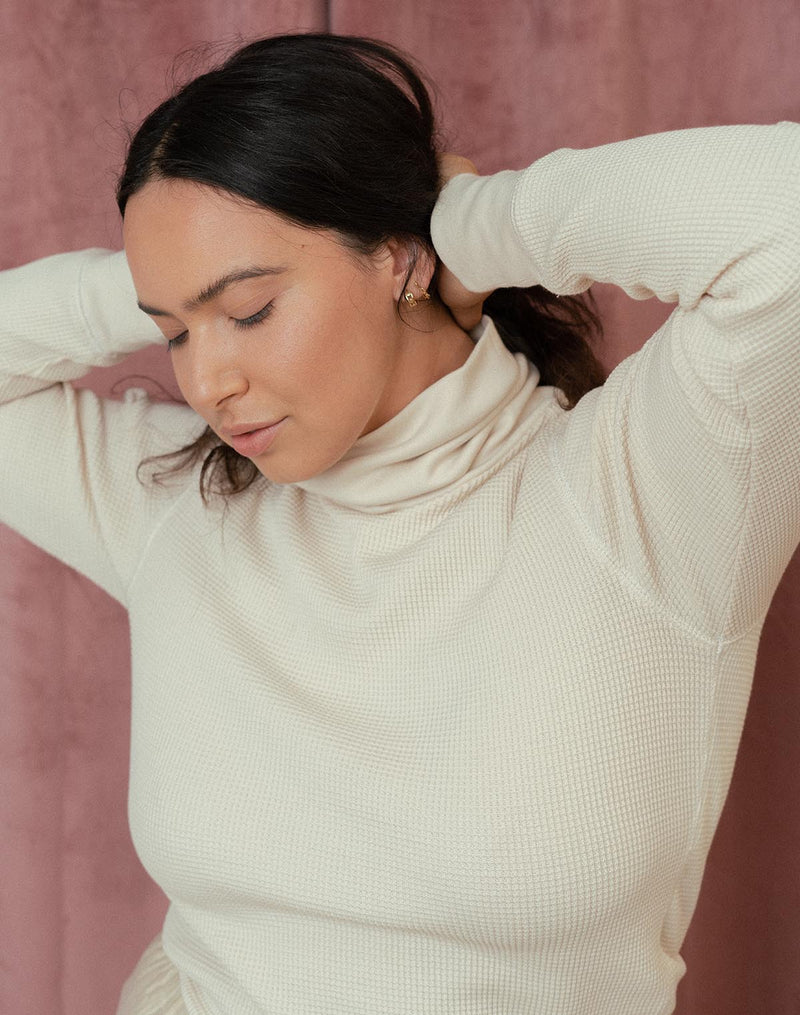 Noble Adult Organic Waffle Turtleneck in Oat Milk