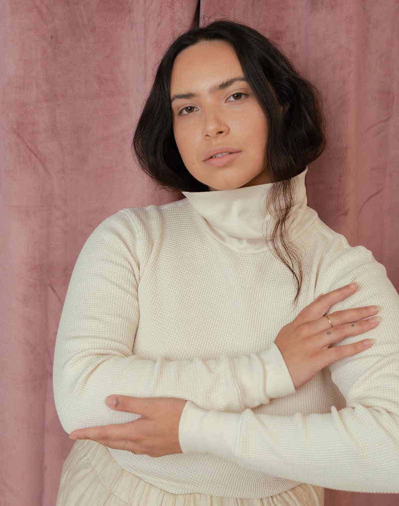 Noble Adult Organic Waffle Turtleneck in Oat Milk