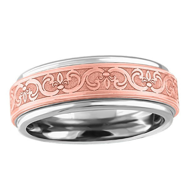 Mens tungsten carbide and 14KT rose gold Fleur de Lis ring.