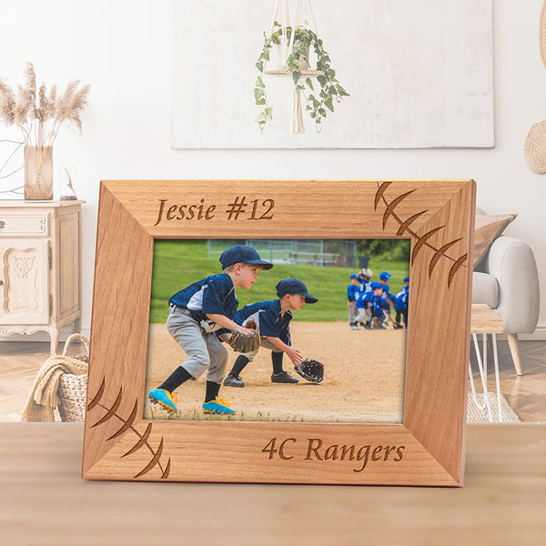 BASEBALL Personalized Wood Picture Frame Bat & Ball Design Engraved Name Gift 