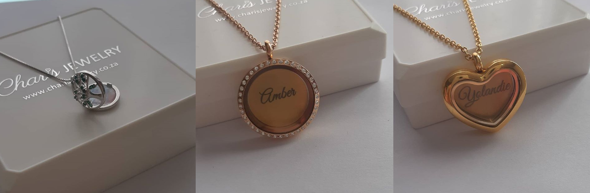 Personalized floating locket necklaces from Charis Jewelry SA online jewelry shop in South Africa