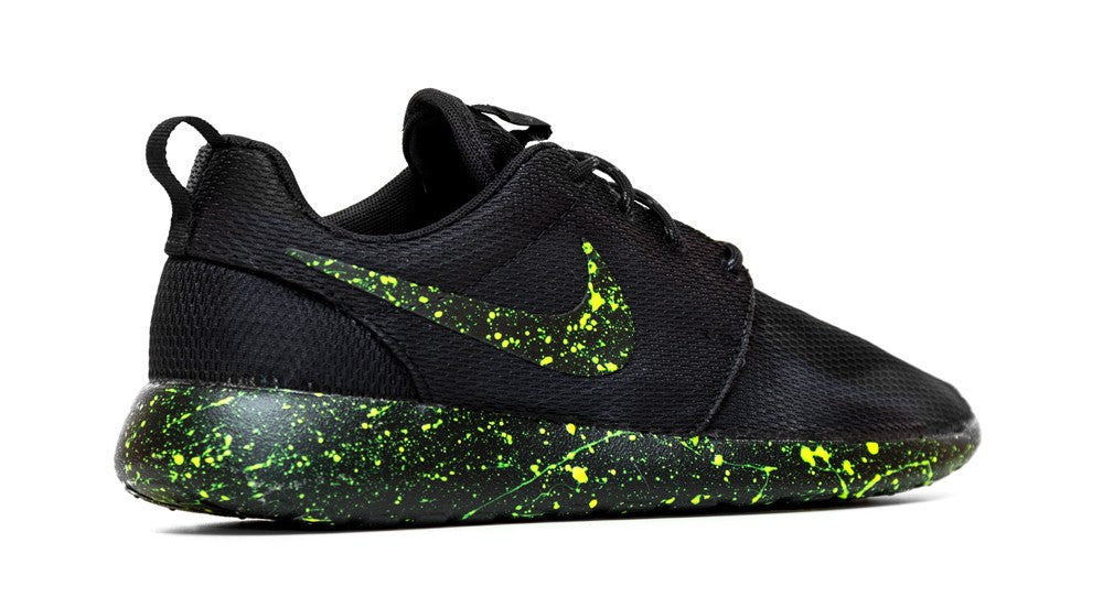 Nike Roshe One - Triple Black + Neon Green Paint Speckle (Men's)