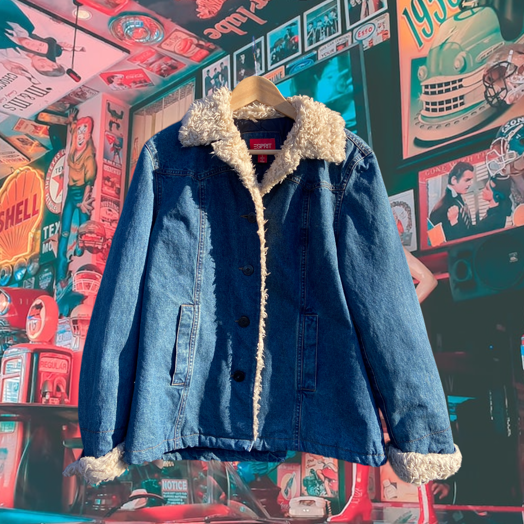 Vintage ESPRIT Faux Fur Denim Jacket Quilted Lining Size Large – Rain and