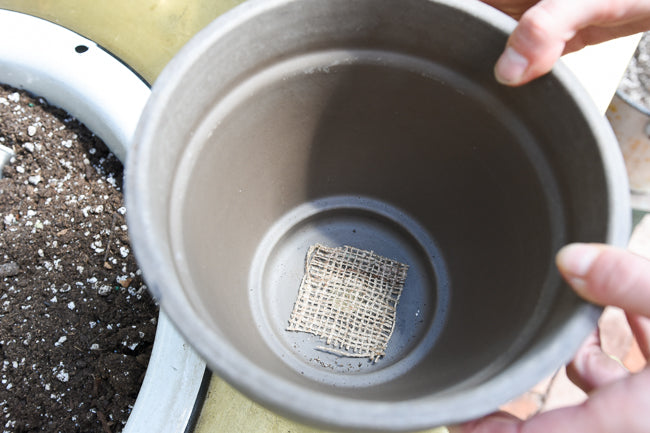 Covering a drainage hole with a piece of burlap or cheesecloth helps keep soil in, without inhibiting drainage.