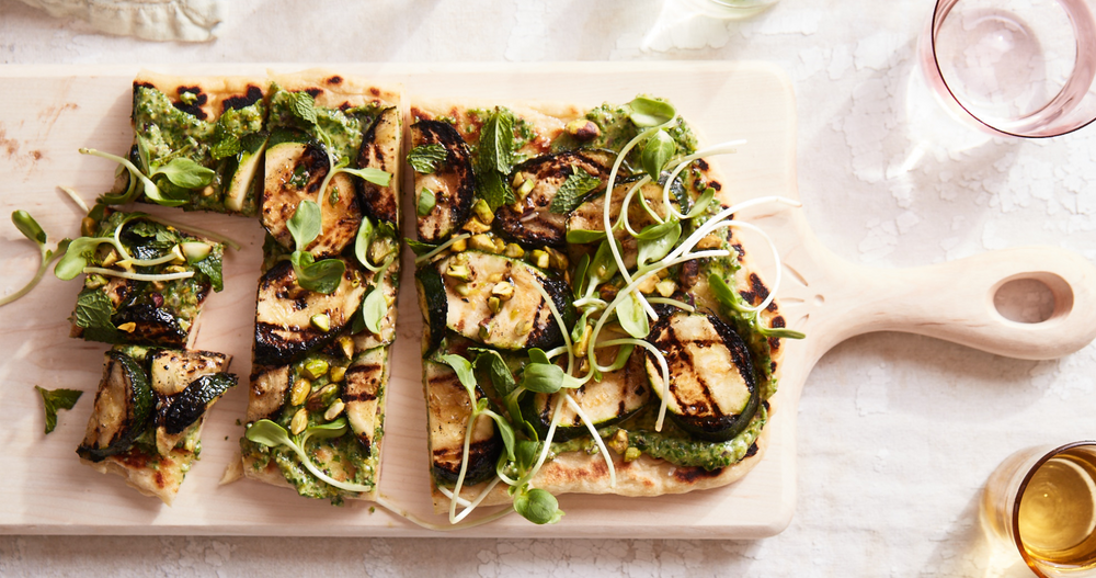 Grilled Zucchini Flatbread With Ramp-Pistachio Pesto