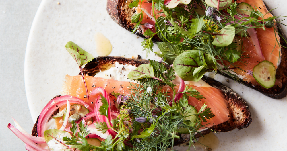 Smoked Salmon Toast With Red Onion and Herbs