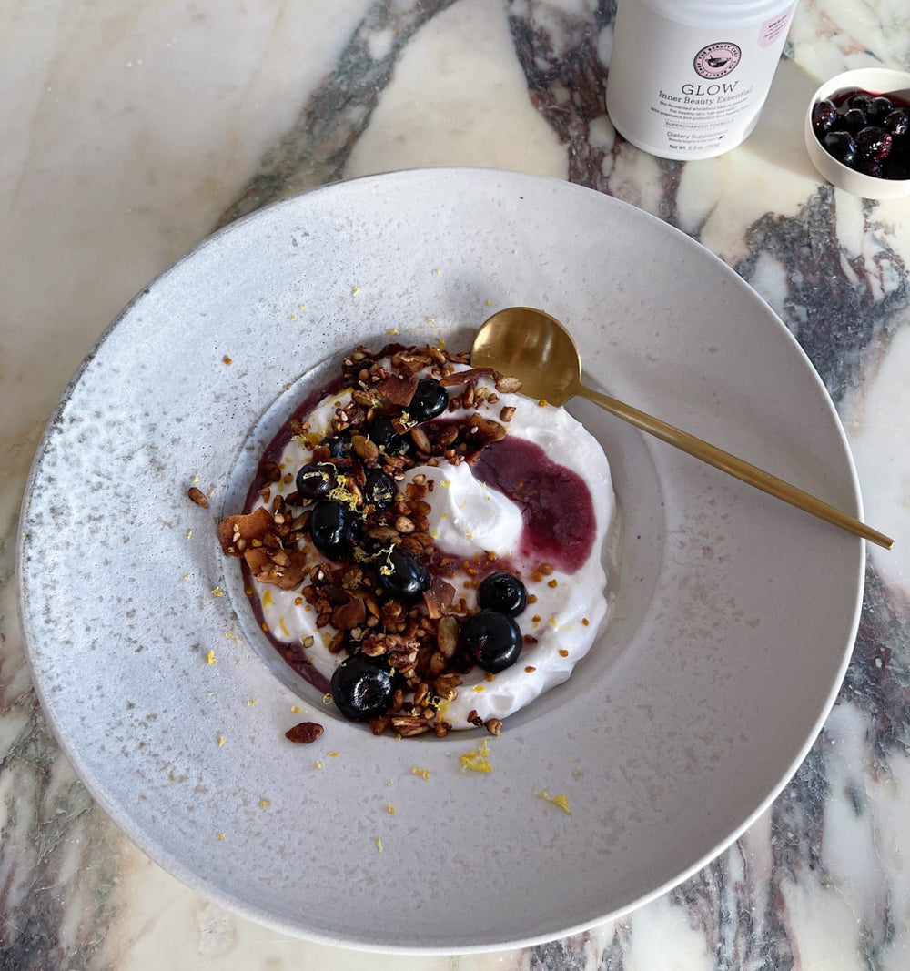 Coconut yogurt with GLOW blueberry compote & buckwheat granola