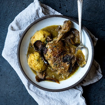 Braised Chicken and Polenta Dumplings with Mushrooms