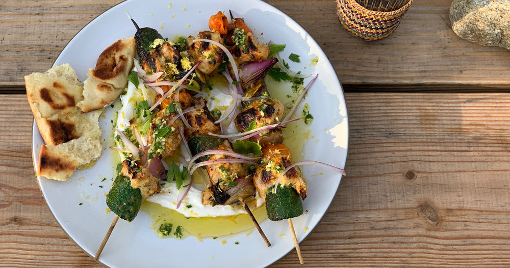 Yogurt Marinated Chicken Skewers with Herbed Dressing