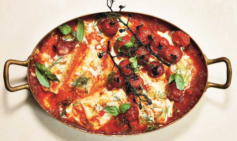 Braised Halibut with Roasted Cherry Tomatoes and Tahini