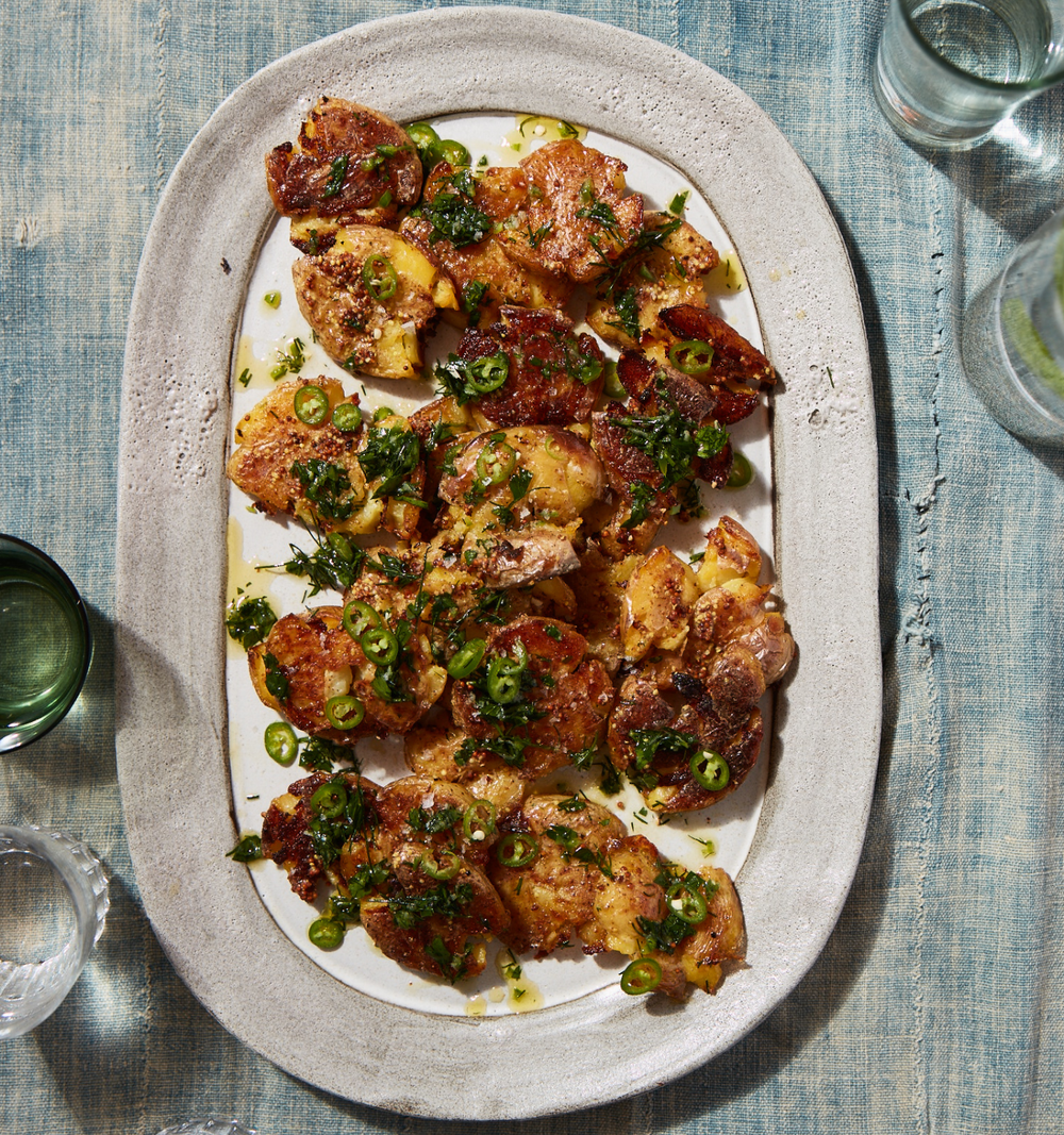 Mustardy Smashed New Potatoes with Jalapeno Gremolata