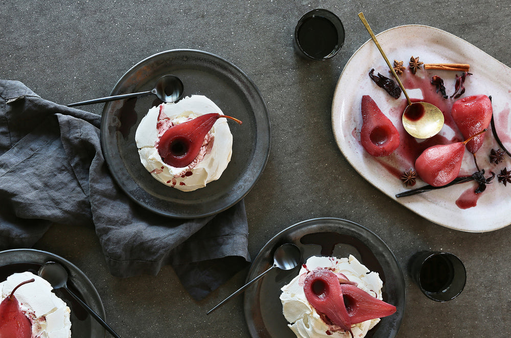 Satsuma + Red Wine Poached Pear Pavlova