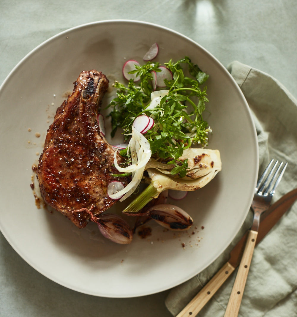 Pan-Roasted Pork Chops with Shallots Fennel and Watercress