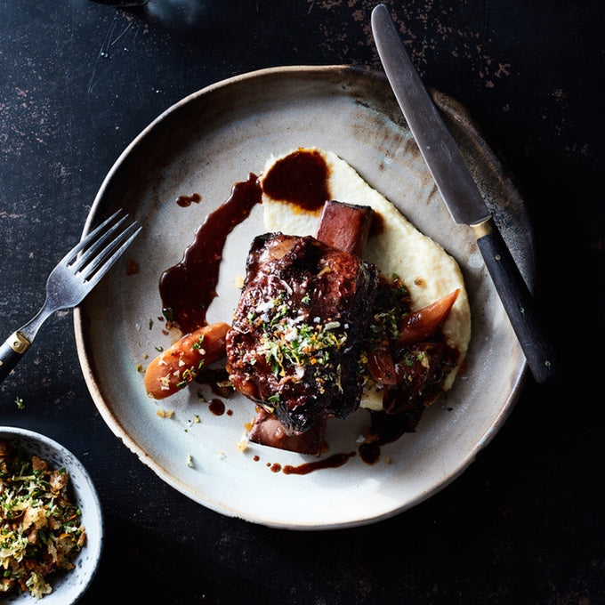 Braised Short Ribs with Horseradish Breadcrumbs and Celeriac Puree