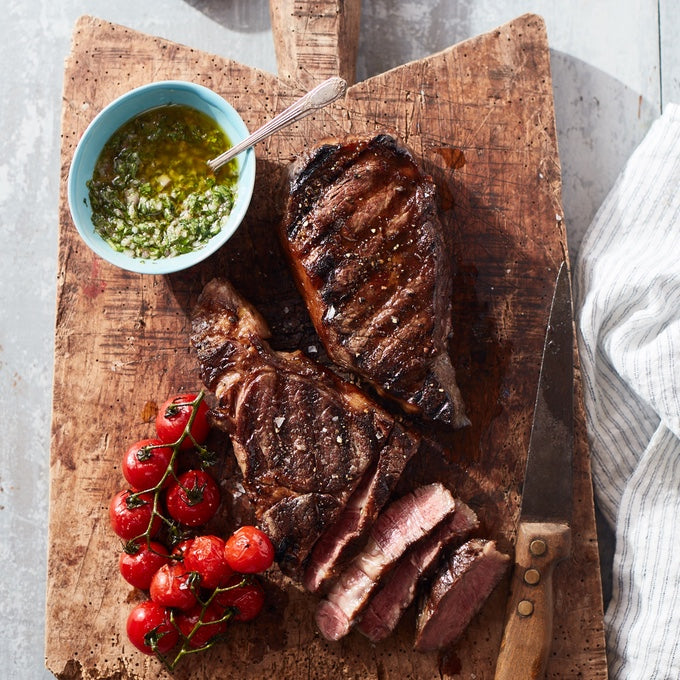 Grilled Rib-Eye with Burst Tomatoes and Chimichurri