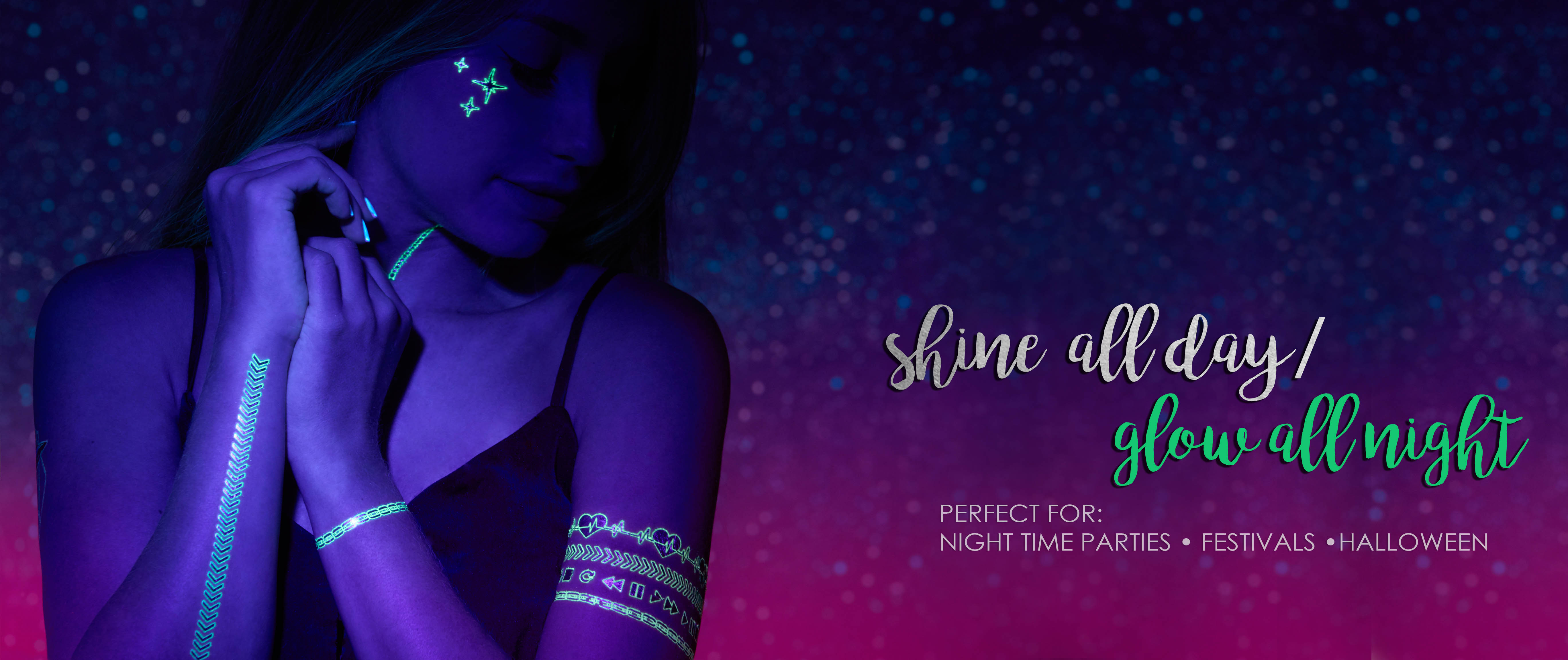 glow in dark halloween flash tattoos, metallic temporary tattoos for music festivals, uv light