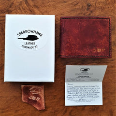 Brown men's handmade wallet with intials by Sparrowhawk Leather