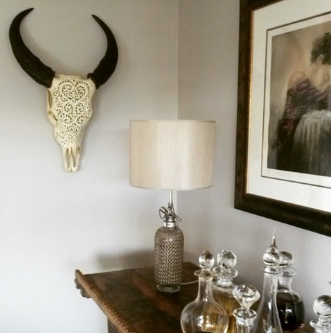 cow skull on the living room wall