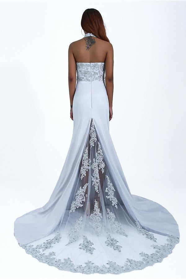 Charming Mermaid Halter Silver Sequins Prom Dresses with Appliques, Party STC20401
