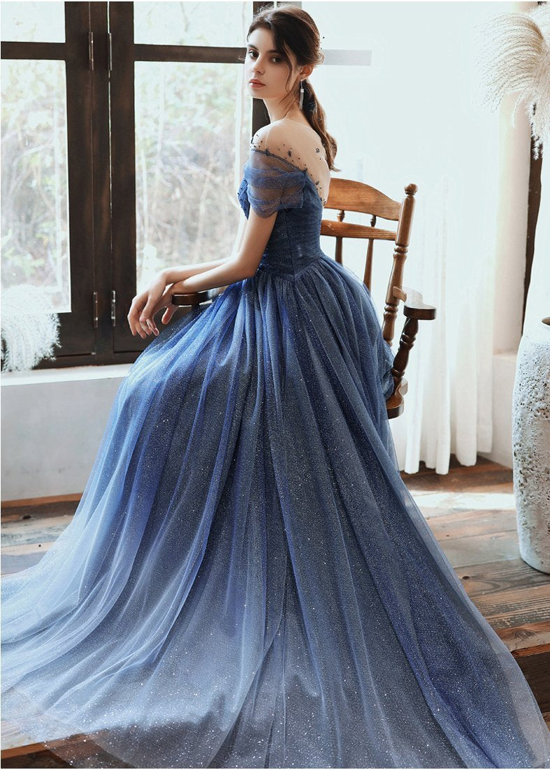 Charming A Line Blue Ombre Tulle Prom Dresses with Open Back, Evening STC20394