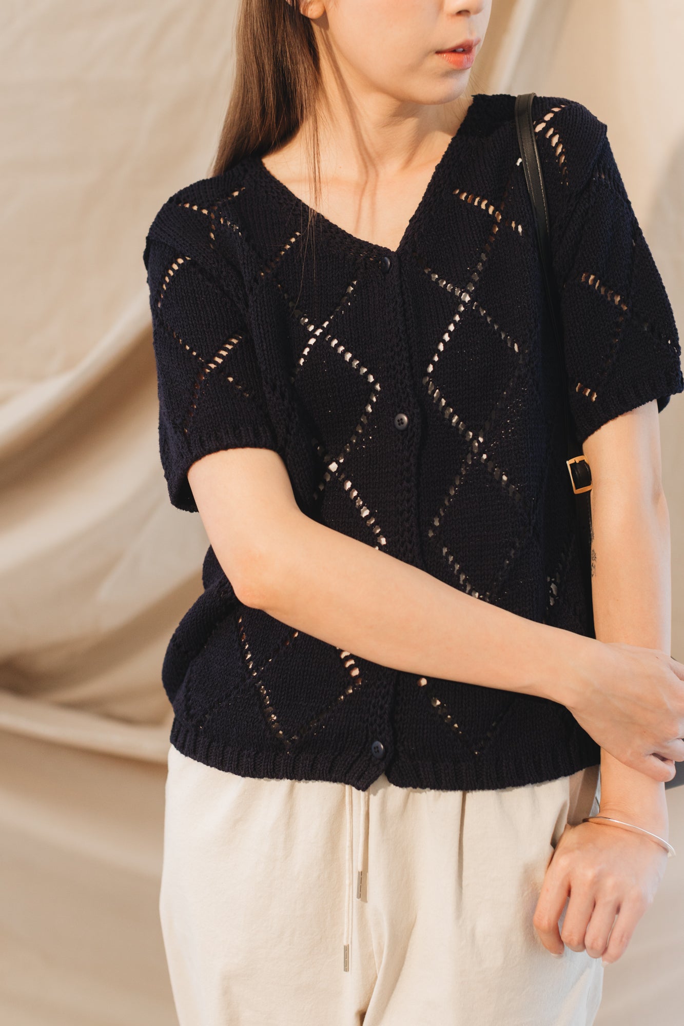 (SOLD OUT/可預購)菱形通花上衫外套兩著/深藍