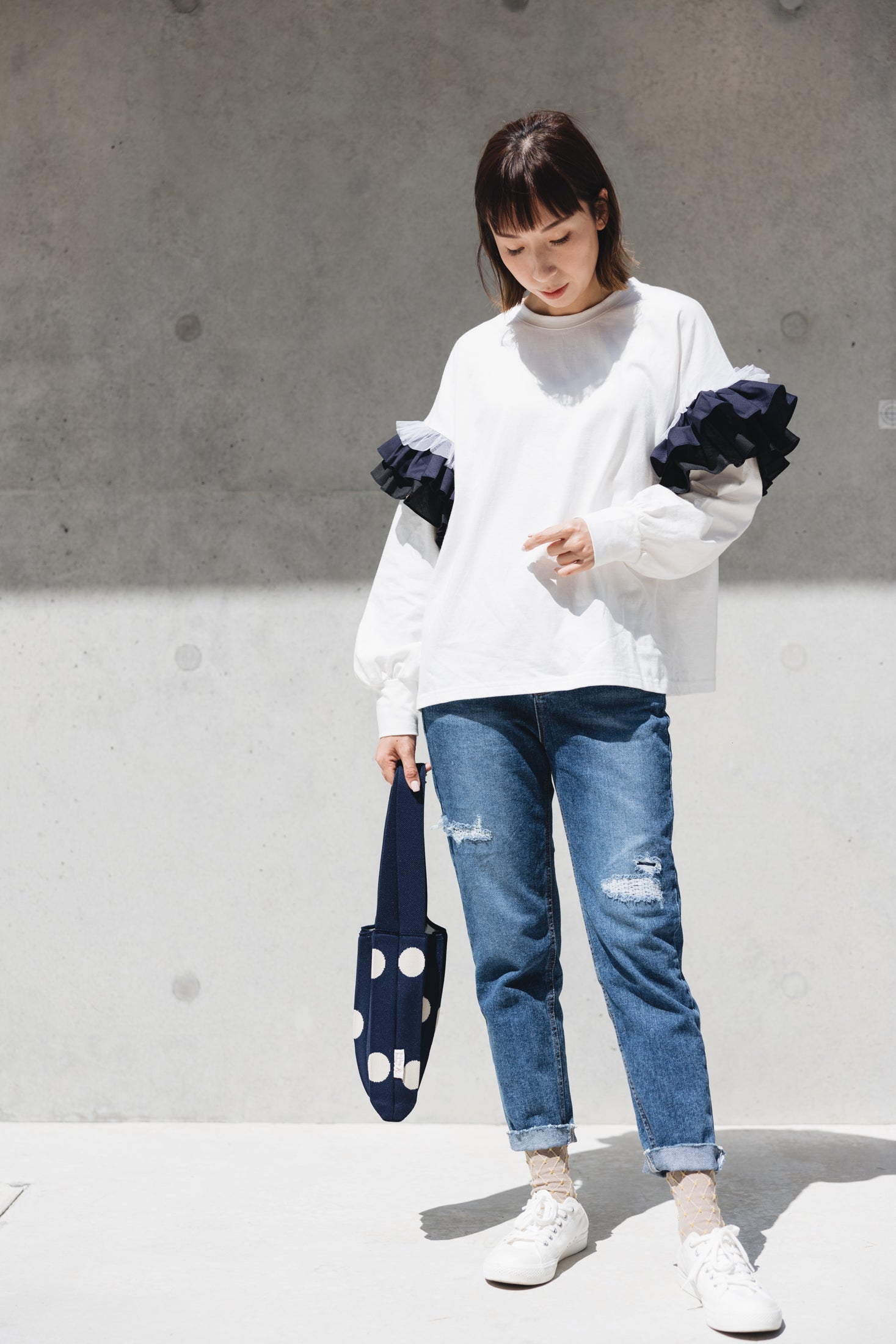 袖位立體ruffle T-shirt/白