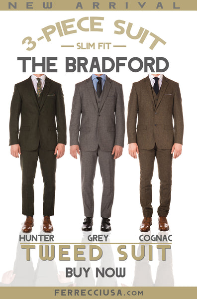 Bradford - Classic vintage, 3 piece tweed suit comes in Hunter Green, Grey and Cognac.