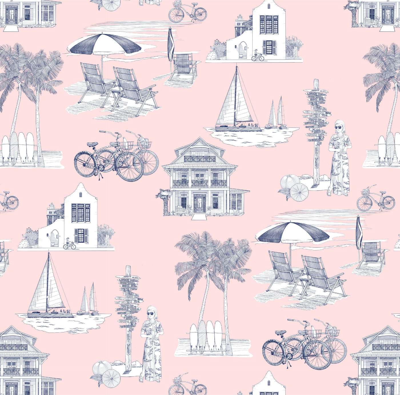 Peel & Stick Wallpaper Pink Navy / 24"x 48" Florida Toile Peel & Stick Wallpaper dombezalergii