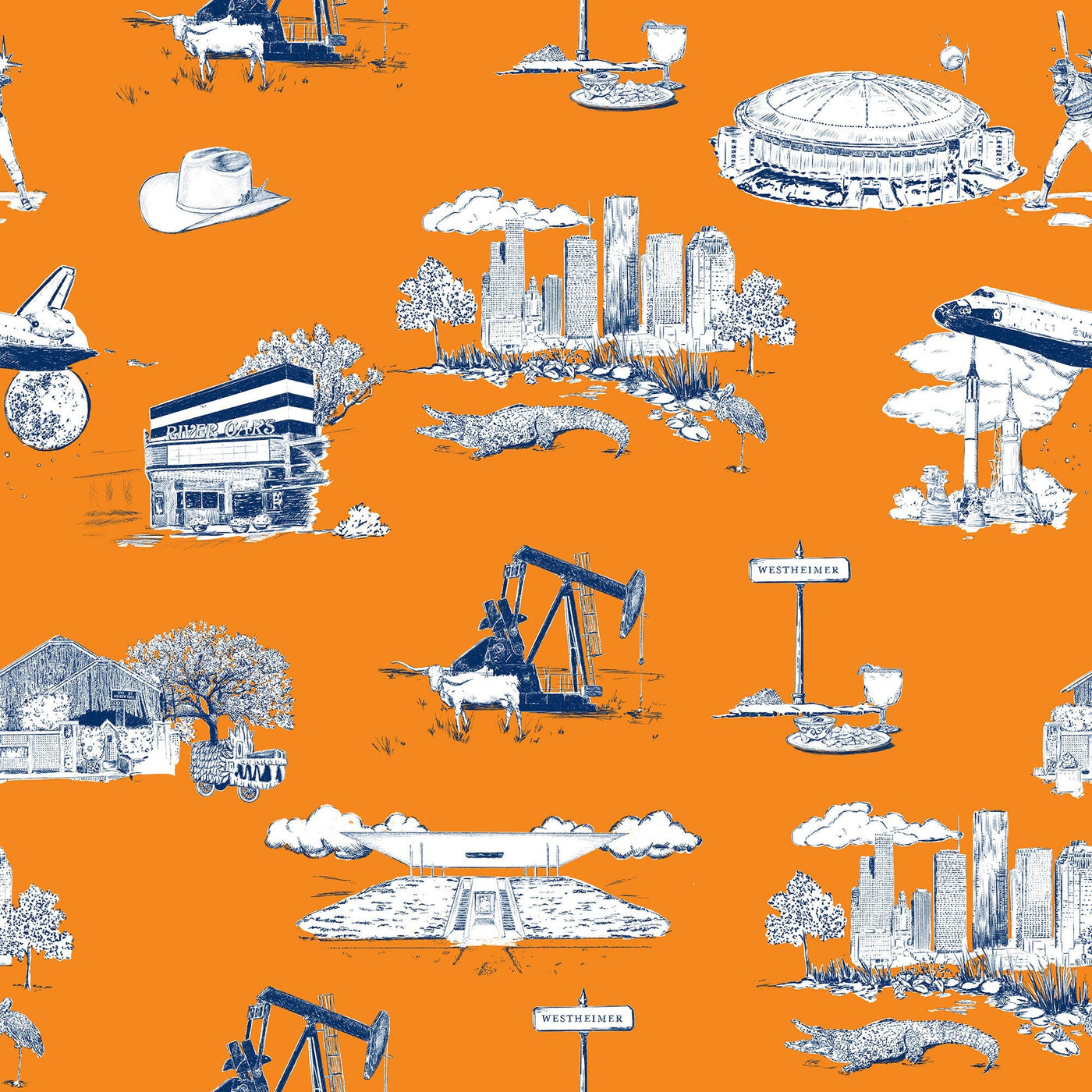 Peel & Stick Wallpaper Orange Navy / 24"x 48" Houston Toile Peel & Stick Wallpaper dombezalergii