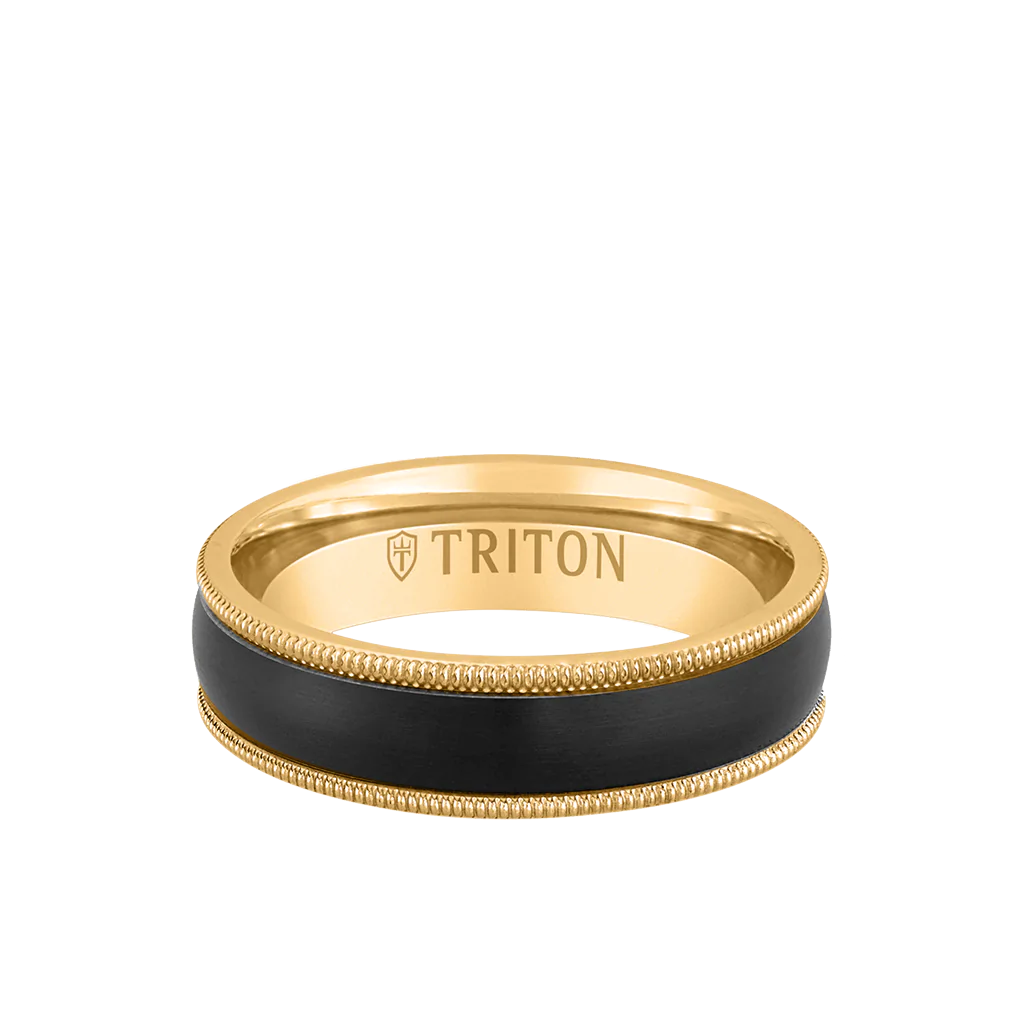 Triton Men's 6MM 14k Yellow Gold and Black Titanium Inlay With Milgrain Edge Ring