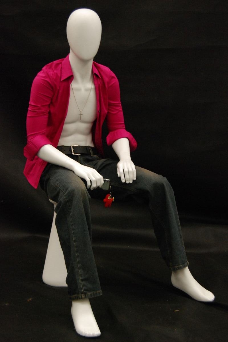 Kyle Seated Egghead Male Mannequin In Matte Or Glossy White Mannequin Madness