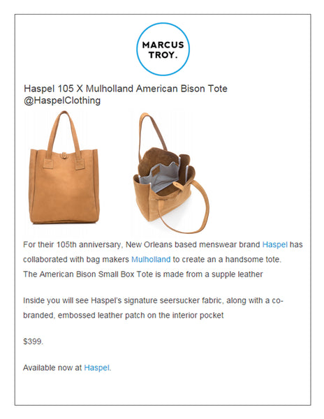 marcustroy.com feature collaboration of tote with Haspel and Mulholland celebrating 105 years