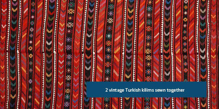 Authentic kilims tend to be small. To make them bigger, weavers would sew together more than one rug.