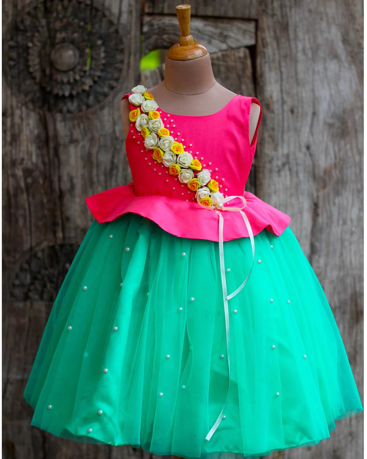 Peplum Mint Green And Pink Flower Frock Flower Frock 