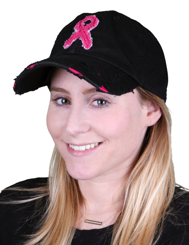Funky Junque Women’s Breast Cancer Awareness Pink Ribbon Logo Hope Shredded Baseball Hat Cap 
