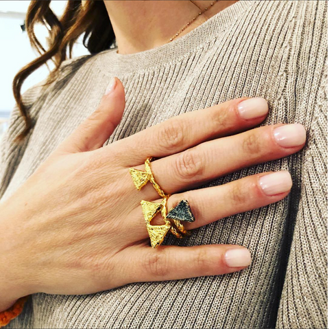 Tri Double ring in gold worn on hand designed by Alexandra Koumba