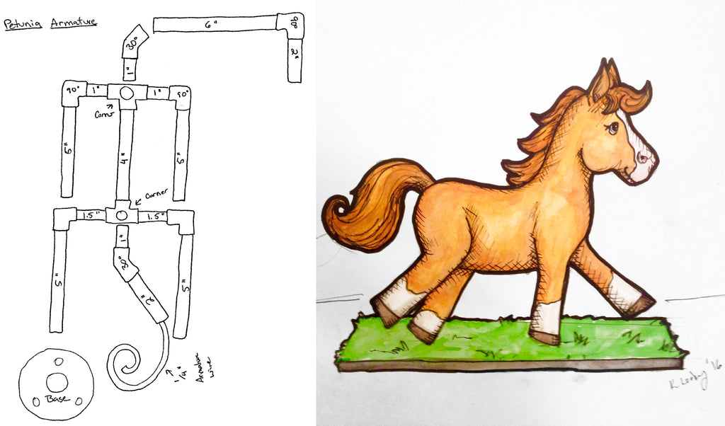 Petunia the Pony sketch with armature design