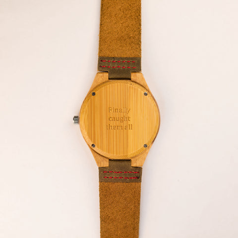 "Finally caught them all." Tree Hut engraved personalized leather band wood watch wood watch leather band with Pokemon quote 