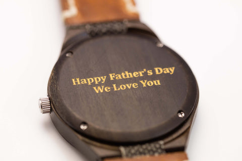 "Happy Father's Day! We Love You" personalized, etched engraving on a Tree Hut wooden watch 