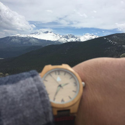 @nickyboots with his Tree Hut Nova wood watch at Rocky Mountain State National Park, Colorado 