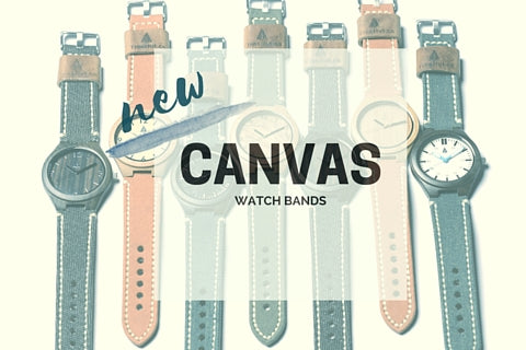 New Tree Hut Wood Watches featuring a genuine Italian leather band handstitched with military grade canvas fabric. Comes in rustic amber khaki, denim blue, and vintage black!