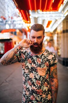 Lumbersexual Fashion Man with a Beard Wearing Subtle, Neutral Floral Shirt Collared Lumbersexual 