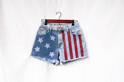 Memorial Day Essentials: Bleached, Hand Painted American Flag Patriotic High Waist Denim Jean Shorts