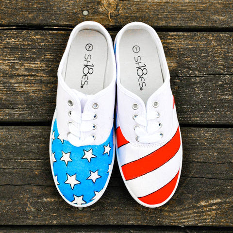 Memorial Day Essentials: Painted American Flag Red White and Blue Canvas Sneakers Shoes Vans 