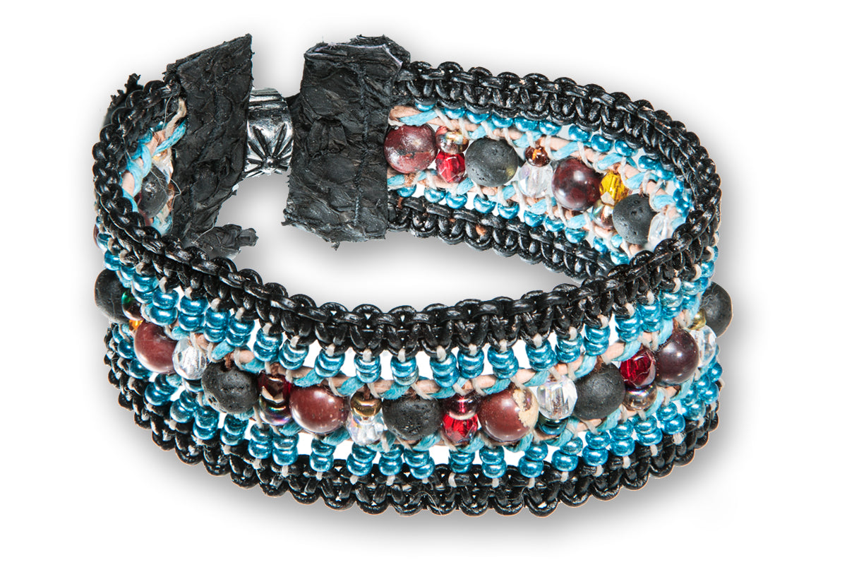 Braided Leather bracelet with lava beads,crystal, stones, glass beads and fishleathermade by Tales of travel