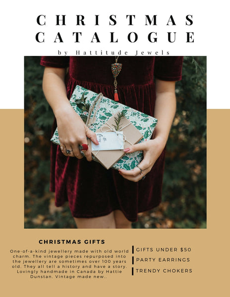 christmas catalogue front cover by hattitude jewels handmade using repurposed vintage pieces in canada