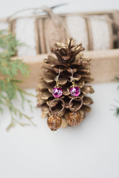 one of a kind purple pink earrings on pine cone by jenn kavanagh