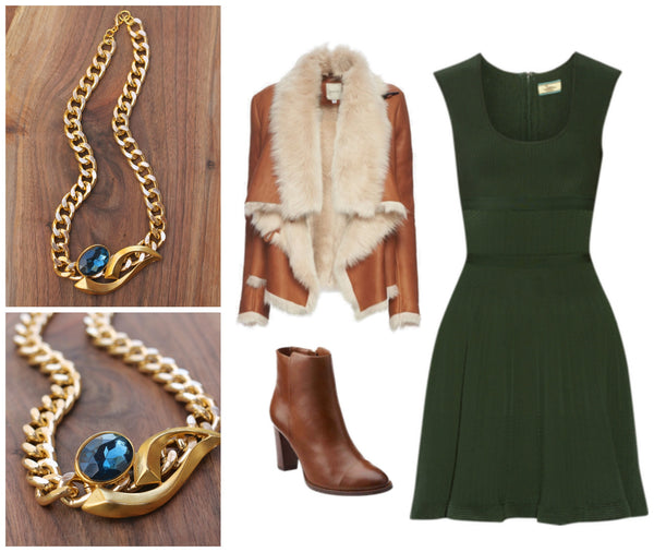 what to wear on a date? fashion ideas green dress, blue statement necklace, brown booties, fur leather jacket