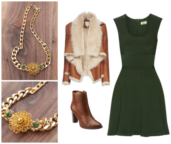 fashion date night friday night ideas what to wear for a date night? green dress, leather fur jacket, ankle booties, statement necklace